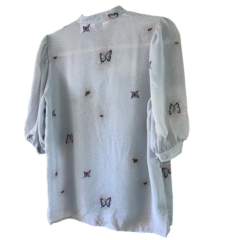 Alicia Vintage Womens Blouse Size Medium Gray Butterfly Print Crepe Casual - Picture 10 of 11